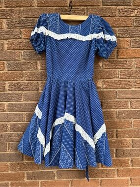 80s Blue & White Polka Dot fit & Flare Puff Sleeve Mini Dress Size 8